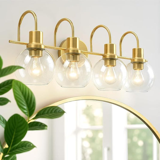 4-Light Gold Bathroom Vanity Light, 28" Modern Brushed Gold Wall Sconce with Clear Glass Shades, Bathroom Light Fixtures Over Mirror Lighting for Bedroom, Hallway,Easy Installation