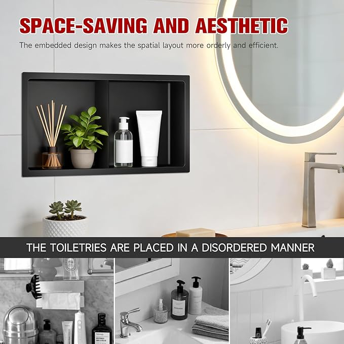 No Tile Needed Shower Niche 13"X 25", Bathroom Wall Niche Double Shelves, Stainless Steel Shower Niche for Bathroom, Kitchens, Balconies