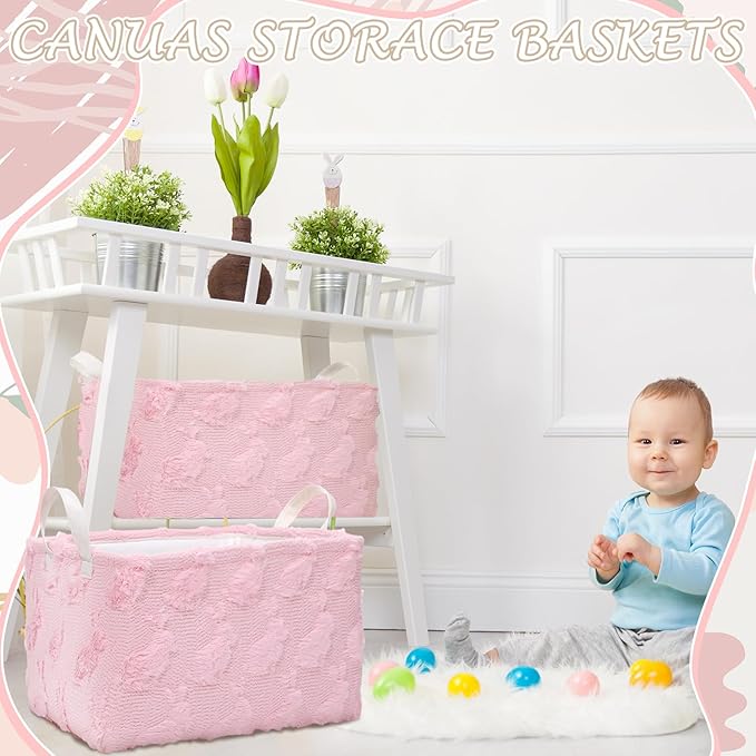 Kathfly Pink Rabbit Storage Baskets Easter Bunny Laundry Basket Plush Faux Fur Jacquard Design with Handles Waterproof Storage Bins Fabric Shelf Baskets for Easter Party Decorations