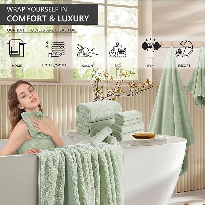 8 Piece Bath Towel Set Green — 2 Oversized Large Bath Sheet,2 Hand Towels,4 Washcloths — Ultra Soft Cozy Bath Towel Set for Bathroom Hotel Gym Spa,Highly Absorbent & Quick Dry Bathroom Towel Collections