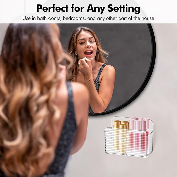 Poeland 2 Pack Wall Mounted Storage Organizer, Adhesive Remote Control Holder with 2 Compartments, Clear Storage Box for Bathroom, Bedroom, Living Room