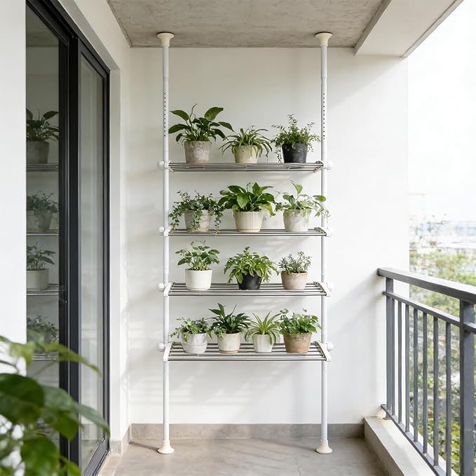4 Tier Over The Toilet Storage 97-116” Over Toilet Bathroom Organizer with Adjustable Shelf Slim Behind Toilet Shelf for Toilet Paper Towel Plants (White)