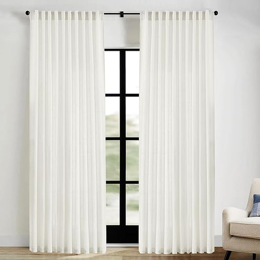 XTMYI Extra Wide Curtains 70 in Width for 72 Inch Window,Pleated Back Tab Linen Semi Sheer Full Length Curtains for Living Room Sliding Glass Door 2 Panel Set,72x90,70x90,6FT x 90 Inches Long,Cream