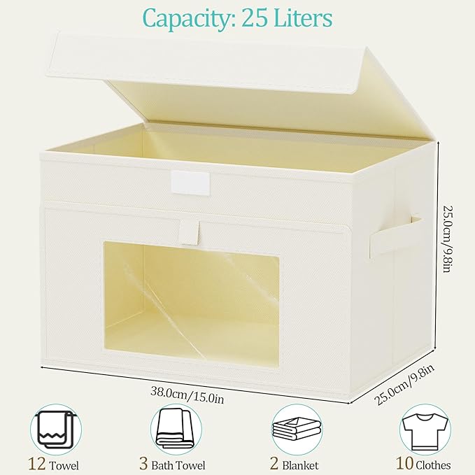 Transparent Window Storage Bin, Cube Organizer Basket with Flip-Top Lid and 2 Handles, Decorative Boxes with Cover, 4 Pack, Beige, 15 x 9.8 x 9.8 In, XSNY17BEL-4
