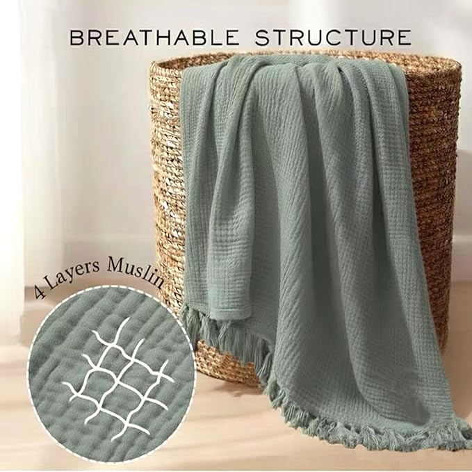 KyraHome Cotton Throw Blankets for Couch, Kids, 50"x60" 100% Organic Cotton Plant Dyed Breathable Lightweight Warm Gauze Muslin Blankets for Adults, Travel, All Season, Sage Green