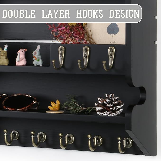 Handcrafted Solid Wood Key Holder for Wall - Artisan Hand-Sprayed Finish & Smooth Edges - Decorative Entryway Organizer, Rustic Wall Mount Key Holder for Home Decor, Sturdy, Black