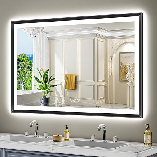 55x36 Black Framed LED Bathroom Mirror with Lights, Backlit and Front Light, Lighted Bathroom Vanity Mirror for Wall Dimmable Anti-Fog Memory Tempered Glass Horizontal/Vertical