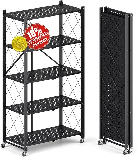 Upgraded 18% Thickened Portable 5-Tier Foldable Storage Shelves with Wheels Heavy Duty Storage Shelf Collapsible Shelves Unit Display for Garage Storage Kitchen Pantry & Closet Organizer, Black