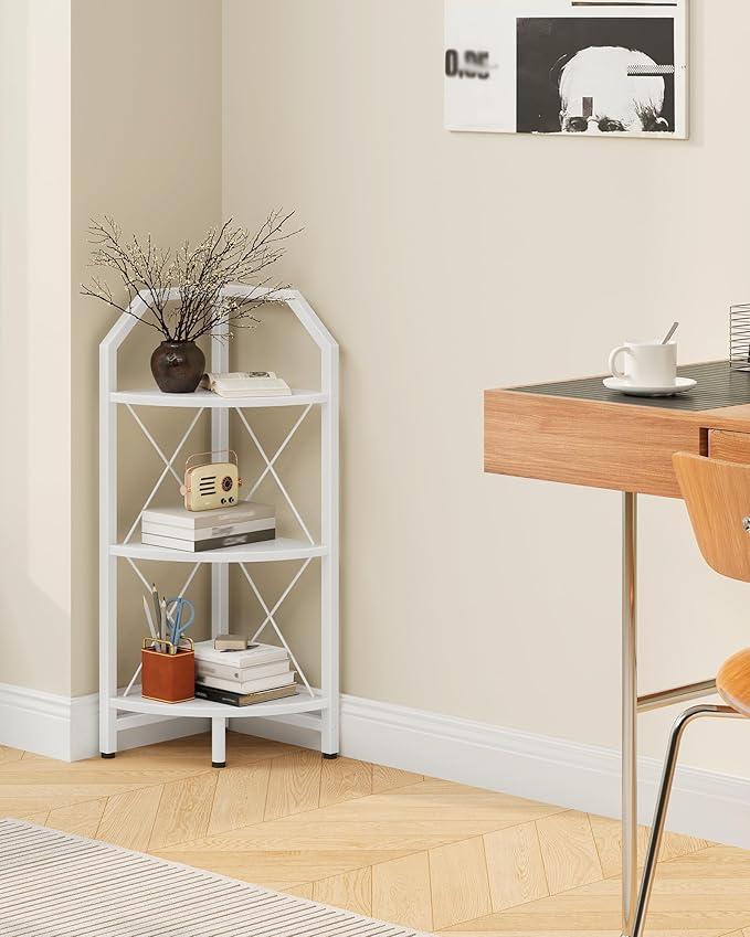 3-Tier Corner Shelf, Industrial Corner Bookshelf, 35.4" Storage Stand, Plant Stand Display Shelf, Bookcase for Bedroom, Living Room, Home Office, White TCJ03WB