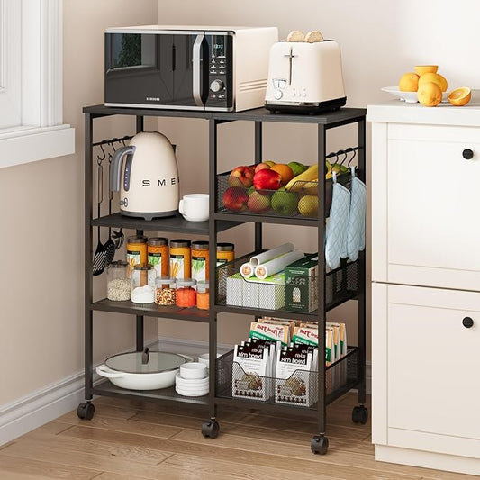 SWTYMIKI Kitchen Island Cart on Wheels - 4 Tier Rolling Kitchen Table Cart with Storage Shelves, 6 Removable Hooks& Locking Casters, Coffee Bar Cabinet for Dining Room Pantry Office, Black