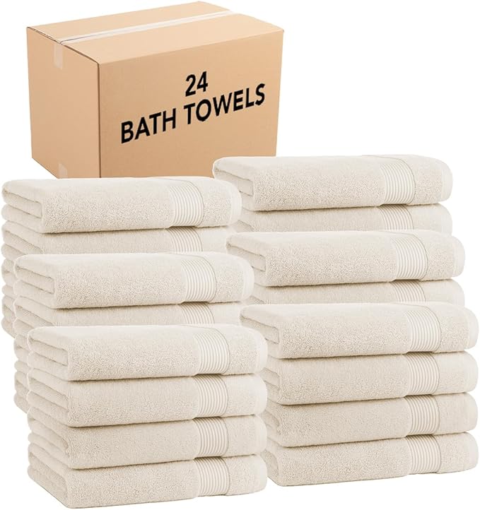 Arkwright Solid Bulk Bath Towels, Case of 24, 100% Cotton 600 GSM Soft Absorbent Bathroom Towels for Hotel, Spa or Vacation Rental, 54 x 27 in, Alabaster Ivory