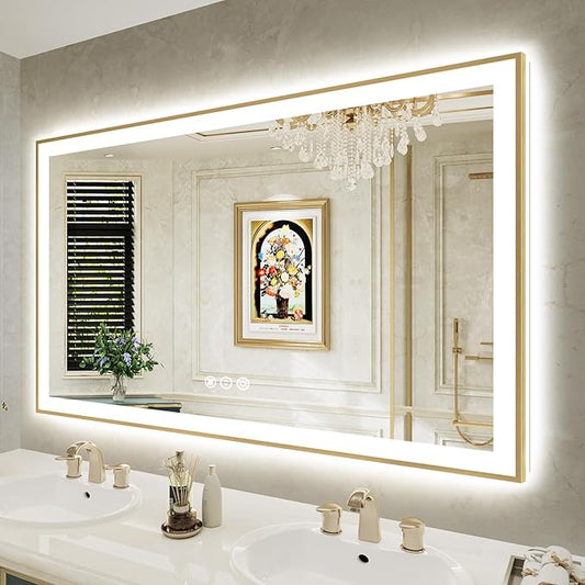 60x36 Inch LED Bathroom Mirror with Lights (Front Lit and Backlit) Gold Framed Lighted Vanity Mirror for Bathroom Wall Dimmable Anti-Fog Memory Tempered Glass Horizontal/Vertical