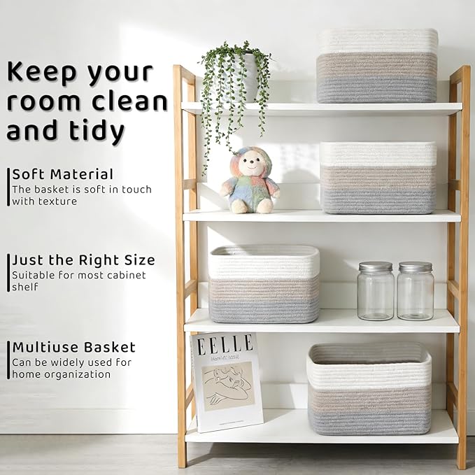 4 Pack Storage Baskets for Organizing, 12''Lx10''Wx8''H Woven Baskets for Storage Toys, Towels, Books, and Clothes, Cotton Rope Basket for Shelves with Handle (White & Grey)