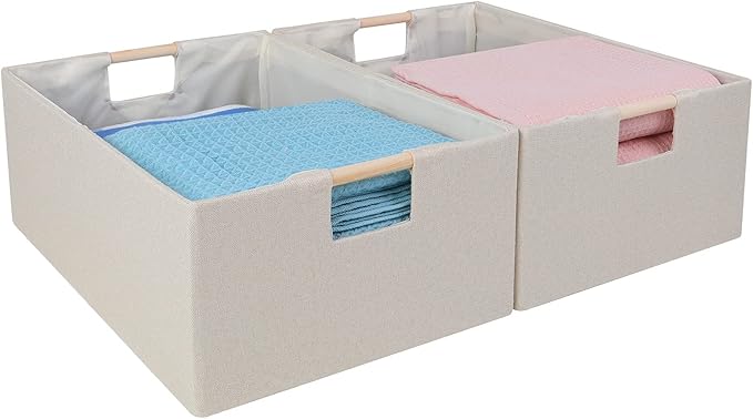 ANMINY 2PCS Storage Bins Set Foldable Cotton Linen Open Storage Baskets Box with Wood Handles Decorative Nursery Baby Kid Toy Clothes Towel Laundry Organizer Container Solid Color - Medium, Beige
