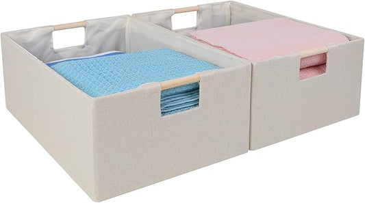 ANMINY 2PCS Storage Baskets for Organizing Collapsible Fabric Storage Bins Boxes with Wood Handles Closet Shelves Cube Organizer Bins Clothes Laundry Storage Container - Large, Beige