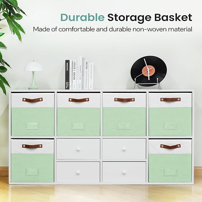 6-Pack Storage Cubes with Handles & Label Holders Basket, Closet Cube Home Organizer Bins(White/Green, 13 x 13 x 13 inch)