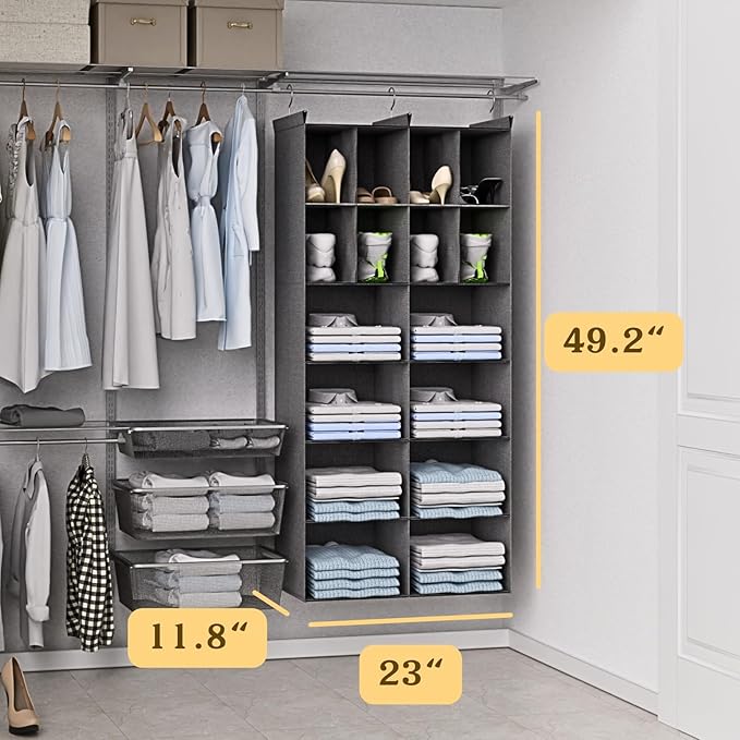 Ofiray-home 6 Tier Hanging Closet Organizer, 16 Compartments Sweater Organizer for Closet with 3 Sturdy Hooks, Closet Organizers and Storage, Wardrobe, Rv, Garment Rack, Grey