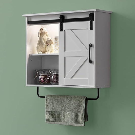 Bathroom Wall Cabinet Over Toilet Sliding Door 23x19 Inch Farmhouse Medicine Cabinet with Towel Bar Motion Sensor Light Adjustable Shelves White Above Toilet Storage for Laundry or Kitchen