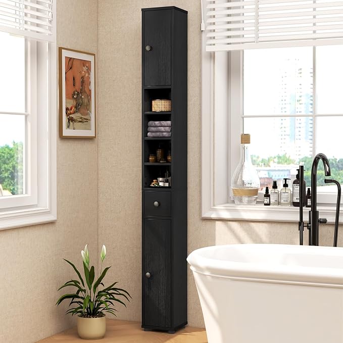 GOFLAME 71” Tall Bathroom Storage Cabinet, Narrow Freestanding Organizer with 1 Drawer, 2 Doors & 5 Open Shelves, Slim Bathroom Cabinet for Small Space, 8" x 8" x 71", Black