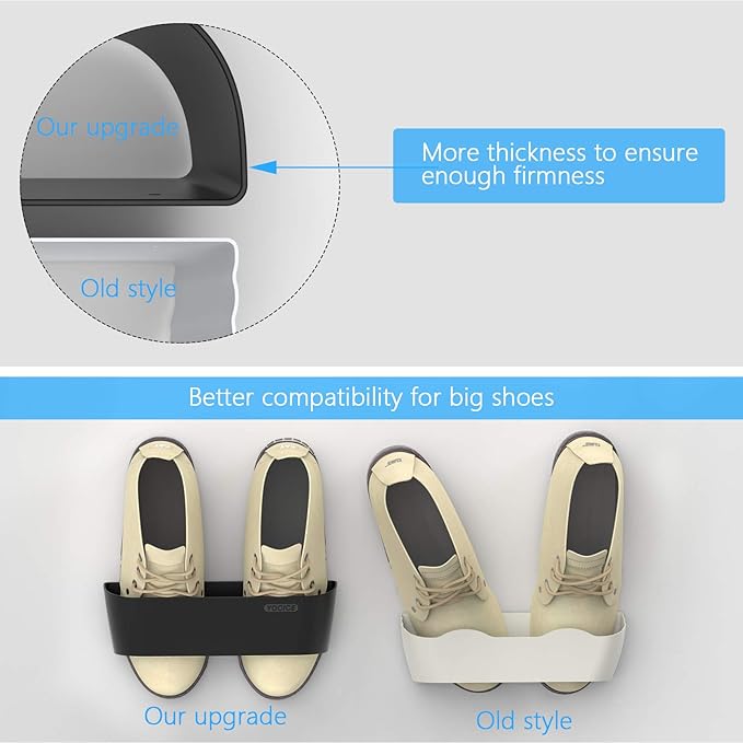 Wall Mounted Shoes Rack 4Pack with Sticky Hanging Strips, Plastic Shoes Holder Storage Organizer,Door Shoe Hangers (SM03-Black-4)