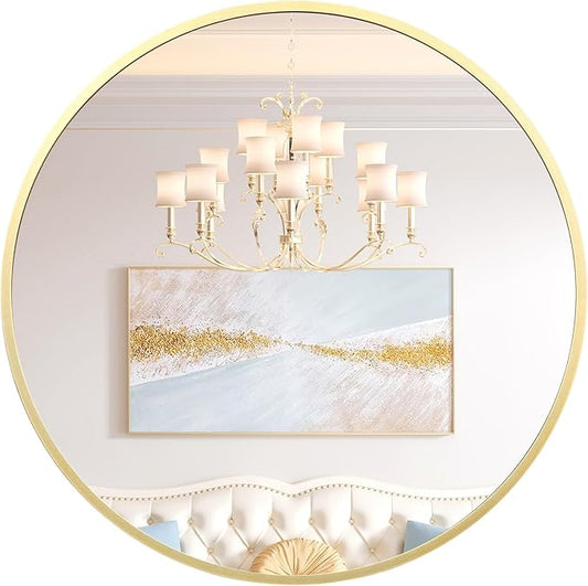 30 in Round Mirror for Wall, Gold Metal Frame Circle Mirror, Round Bathroom Mirror for Wall Decor, Mirror for Entryway, Vanity, Bedroom, Easy to Install