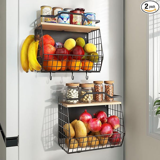 Magnetic Shelf for Fridge with Wood Lid, 2 Tier Fruit Baskets Wall Mounted Hanging Basket with 4 Hanger Hooks, Potato and Onion Magnetic Storage Bins for Kitchen Counter, Refrigerator, Cabinet