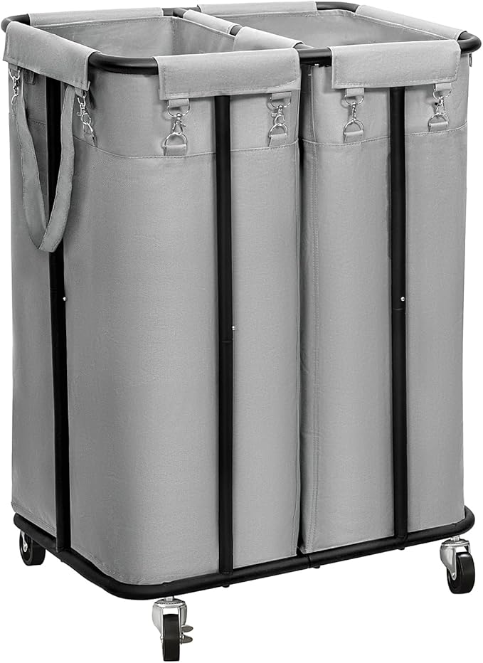 WOWLIVE Double Laundry Hamper with Wheels 170L Rolling Laundry Basket Organizer Laundry Cart with Steel Frame and Removable Bags Large Dirty Clothes Hamper Dorm Room Storage for Bedroom (Grey)