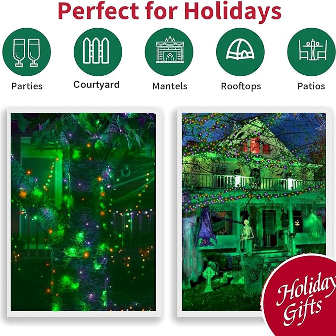 LAMPHOME Halloween String Lights - 21.6ft 100LED Orange Purple Green Mini Bulbs Lights, Halloween Lighting Decor for Outdoor&Indoor Use, Fairy Garden, Yard, Home, Party, Holiday Decoration