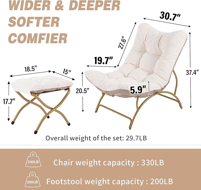 Welnow Modern Accent Chair with Ottoman, Upholstered Comfy Lounge Recliner Sofa, Thick Cushion Oversized Lazy Reading Chair with Footrest for Living Room, Bedroom, Apartment, Office, Dorm, Beige