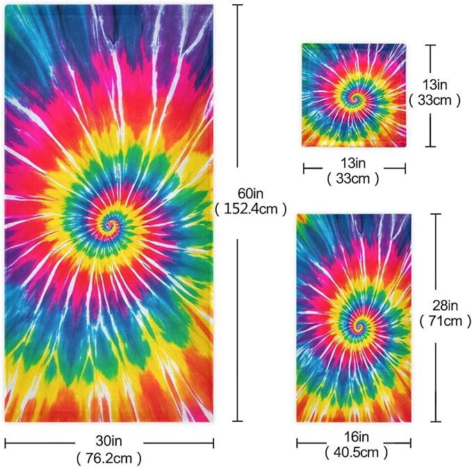 Tie Dye Towels Set of 3 Rainbow Hippie Colors Bathroom Towel Soft Absorbent Chic Abstract Swirl Bath Hand Towels Washcloth Guest Towel Sets Bathroom Decorations