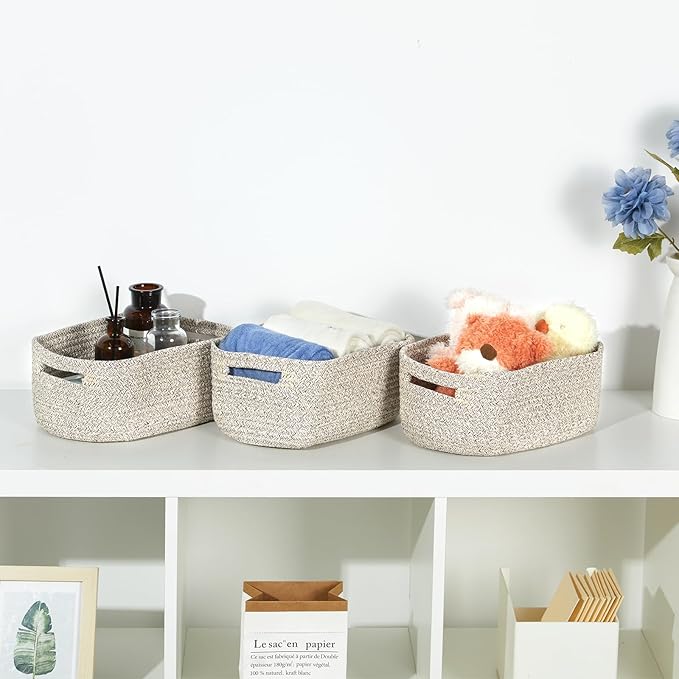Bidtakay Small Cotton Rope Storage Baskets for Organizing 3 Pack Woven Baskets for Storage Closet Organizer Bins for Shleves 11.8×7.8×5 inch Cute Boho Decorative Basket with Handles - Light Tan