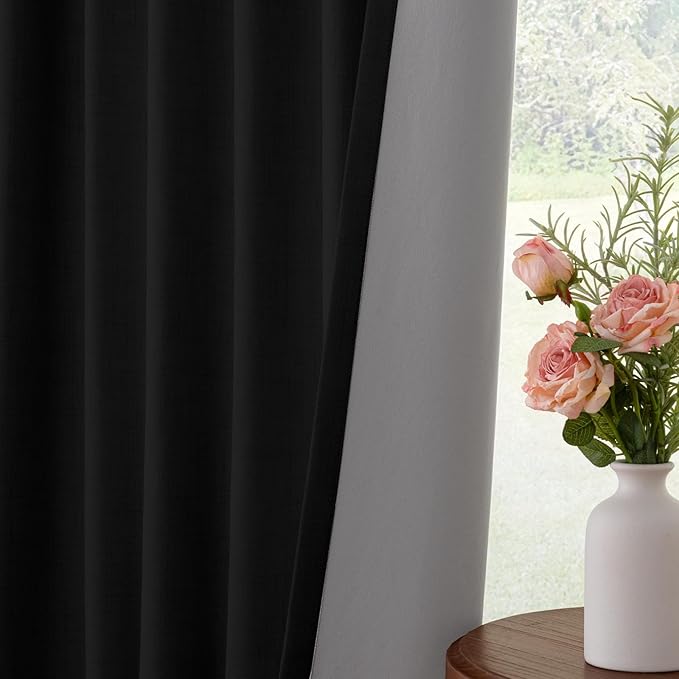 INOVADAY 100% Blackout Curtains for Bedroom, Black Out Curtains 80 Inch Long, Clip Rings Linen Blackout Drapes, Thermal Insulated Room Darkening for Living Room, 2 Panels - Black, W50xL80