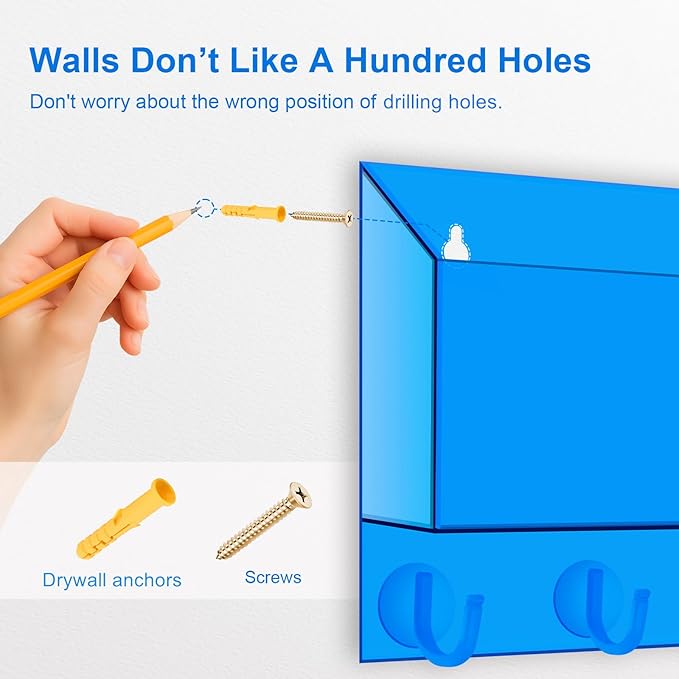 Acrylic Key Holder Wall Mount Mail Organizer for Wall with Shelf Storage Drawer and 5 Hooks, Blue