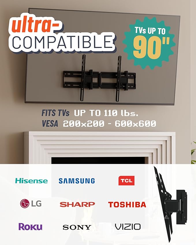 ECHOGEAR Extendable Tilting TV Wall Mount for 32 to 90" Screens up to 110lbs - Reduce Glare w/ 5.2" Extension for 12 deg Tilt - Universal TV Mount w/ 3-Step Install & Included Hardware – UL Listed