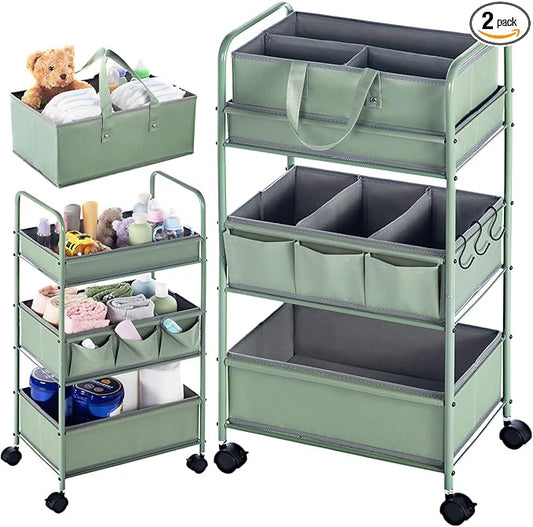 Honeydak 2in1 Baby Diaper Caddy Organizer Cart 3 Tier Large Capacity Metal Utility Bedside Rolling Cart with Divider Newborn Registry Nursery Essential Must Have Crib Bedroom Baby Shower(Green)