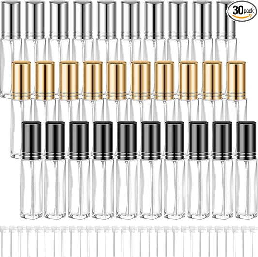 Domensi 30 Pcs 8 ml Empty Glass Perfume Bottles Bulk - Gold,Silver,Black Refillable Cologne Spray Atomizer with Pump, for Travel, Skincare, Haircare, Cleaning & DIY Essentials