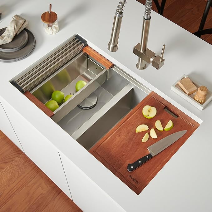 Ruvati 36-inch Workstation Kitchen Sink - 60/40 Double Bowl Undermount 16 Gauge Stainless Steel Kitchen Sink with Brushed Finish hides scratches, Easy-to-Clean Undermount Sink - RVH8359