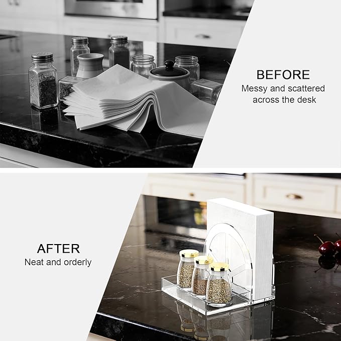 Acrylic Napkin Holder with Magnetic Assembly, Clear Space-Saving Napkin Dispenser & Salt Pepper Shakers Caddy, Modern Organizer for Kitchen Counter, Dining Table,Small Spaces, Office or Party（Small)