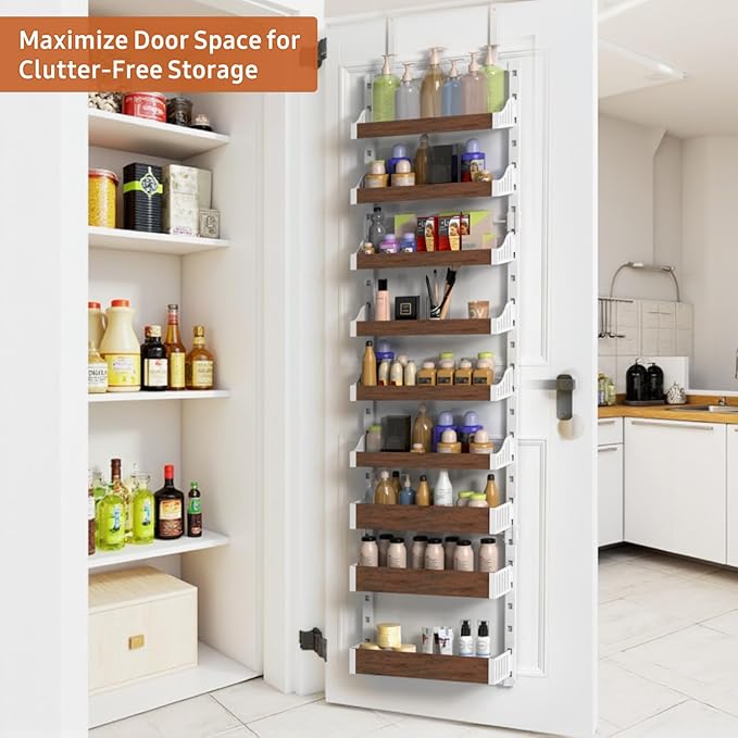 Over the Door Pantry Organizer: Pantry Organization and Storage with Hanging Basket - 9-Tier Metal Spice Rack Adjustable Shelves for Kitchen Bedroom Bathroom & Laundry Room White
