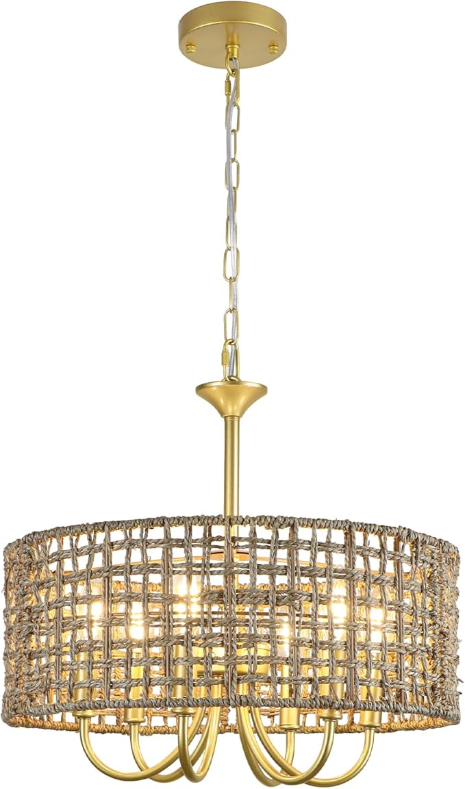 Boho Hand Woven Rattan Chandelier 6 Lights Farmhouse Golden Chandelier, 17.7'' Coastal Drum Wicker Chandeliers for Dining Room Kitchen Living Room Entryway Bedroom