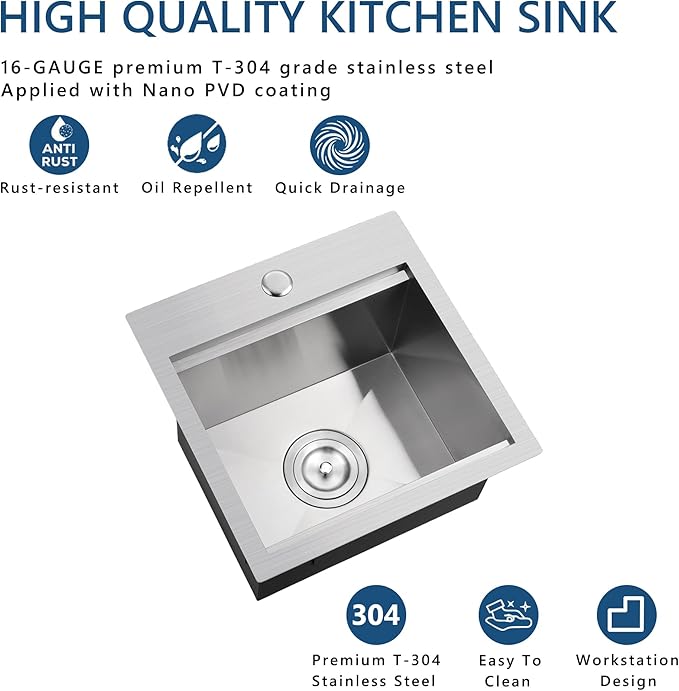 15 Stainless Steel Kitchen Bar Sink, Doirteal 15x15x9 Inch Single Bowl Drop in Workstation Kitchen Sink, Top Mount 15 Inch Small Bar Sinks Outdoor Wet Bar Prep Sinks With Accessories BL81-1