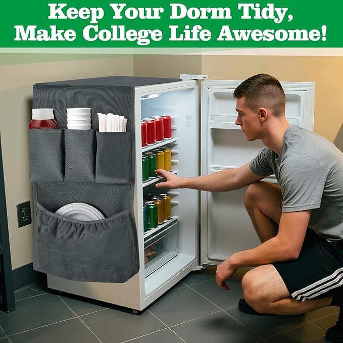 Biubee Extended Mini Fridge Caddy Organizer - 55" x 13" Back to School Dorm and Office Over the Fridge Storage Organizer with 12 Pockets for Flatware Drink Paper Goods, College Must Have, Gray