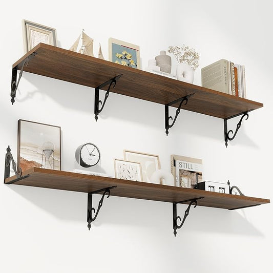 RICHFOCUS 12 Inch Deep Floating Shelves for Wall, 55" W x 12" D Wood Wall Shelves Set of 2, Wide Floating Shelves for Living Room, Bedroom, Kitchen, Bathroom and Decor Storage, Walnut