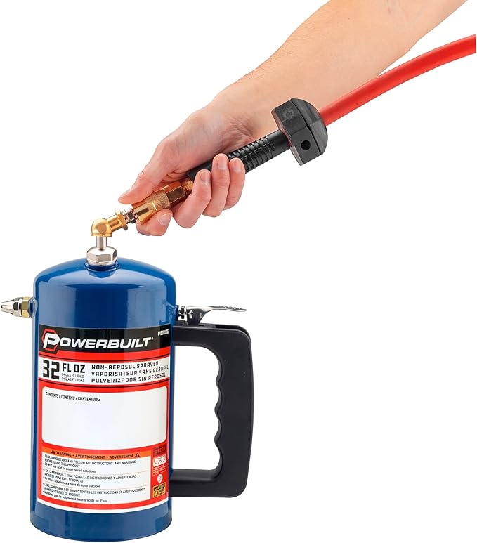 Powerbuilt 1 Quart Refillable Non-Aerosol Pressurized Sprayer for Oil, Lubricants, Degreasers - 32oz Canister w/Brass Nozzles & Stainless-Steel Corrosion Resistant Core, 2 Pack Blue & Red - 643102ECE