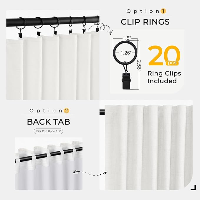 INOVADAY 100% Blackout Curtains for Bedroom, Black Out Curtains 84 Inch Long, Clip Rings Linen Blackout Drapes, Thermal Insulated Room Darkening for Living Room, 2 Panels - Snow White,W50xL84