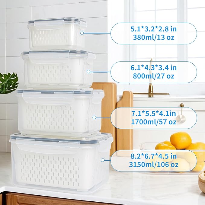 4 Pack Fruit Storage Containers for Fridge with Removable Colanders, Produce Storage Containers for Fridge, Airtight Food Storage Containers for Berry Fruit Vegetable Meat Keeper Fresh (no handle)