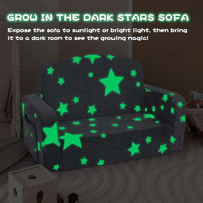 Extra Wide Kids Couch, 2-in-1 Soft Couch with Blanket, Glow in The Dark, Comfy Chair with Cloud Pillow, Convertible Sofa, Star