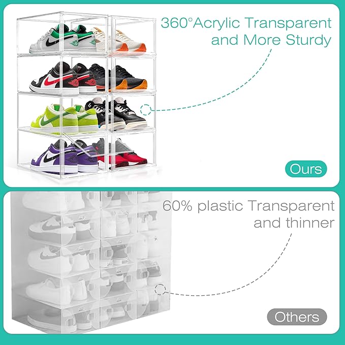 2 Pack Drop-Front Clear Shoe Storage Box Acrylic Box Shoe Organizer Size 12, Stackable Shoe Tower with Magnetic Door Storage Cubbies for Sneaker Containers Boot Display & Closet Organization
