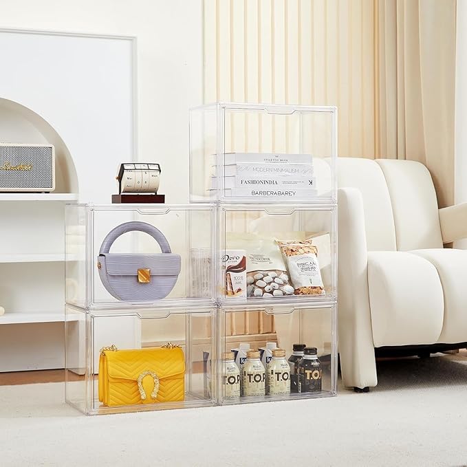 Clear Storage Bins with Lids, 5 Pack Acrylic Display Case with Magnetic Door for Cosmetic Collectibles Large Figures Models, Stackable Acrylic Storage Box for Home Office Living Room Dorm