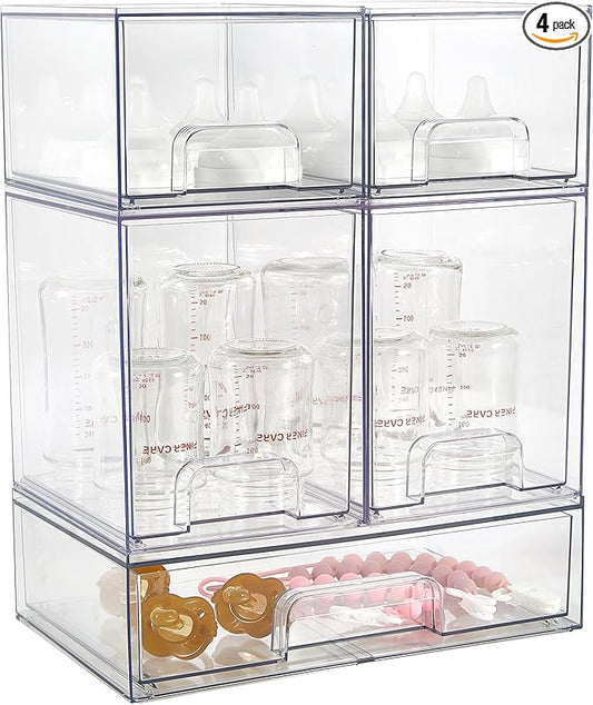 Baby Bottle Organizer, 5 Pack Clear Space-Saving Stackable Drawer with Handle, Baby Bottle Storage Organizer for Countertop and Cabinet